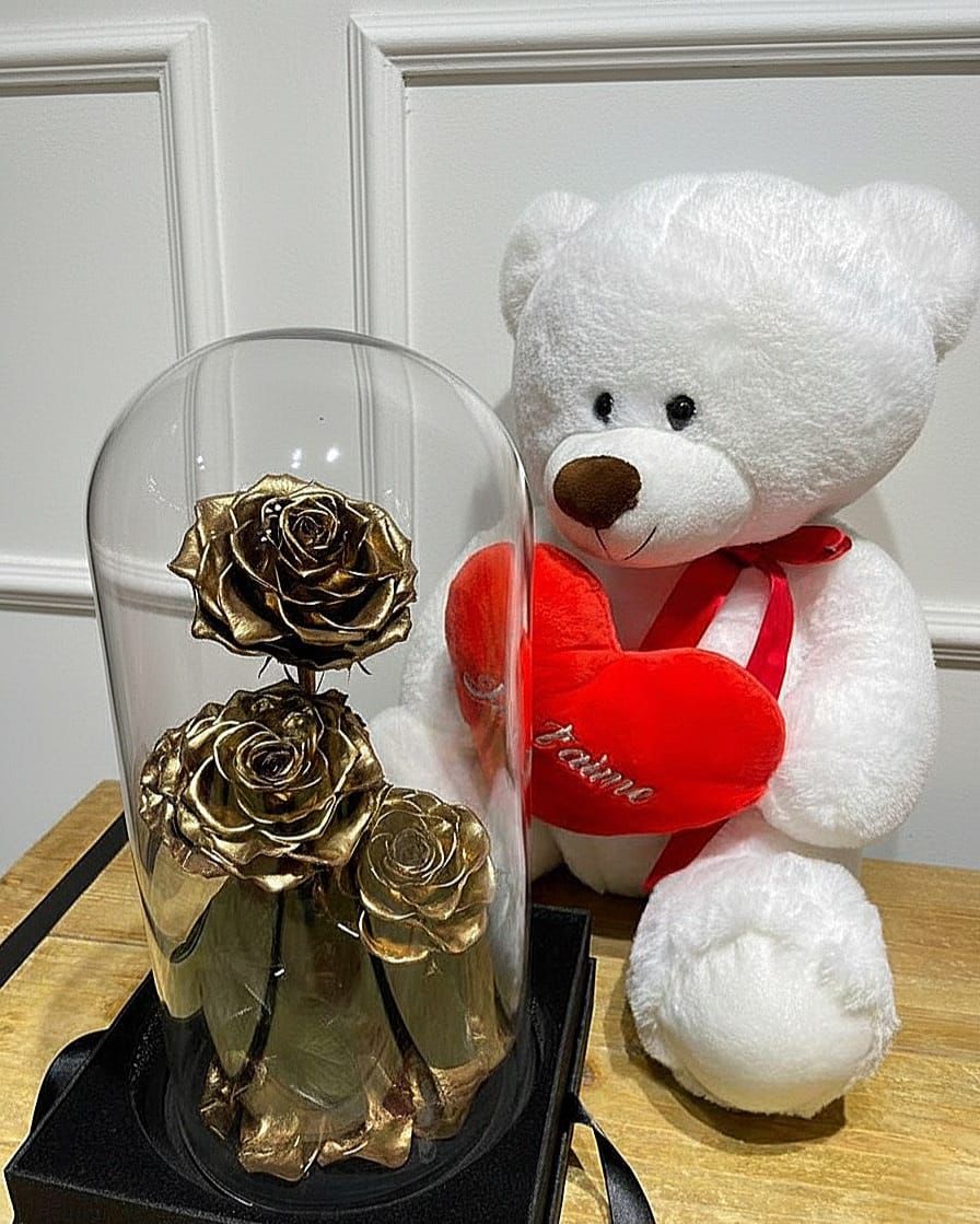 Roses Sous Cloche Dorée (x3) - MDFLOWERS